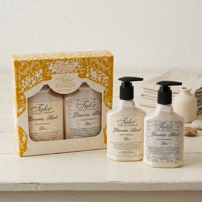 Tyler Diva Luxury Hand Lotion and Hand Soap Gift Set with one 8 oz lotion and one 8 oz soap in a decorative gift box on a white background.