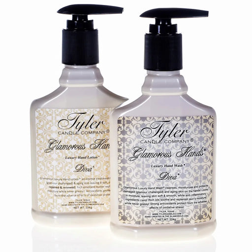 Tyler Diva Luxury Hand Lotion and Hand Soap Gift Set with one 8 oz lotion and one 8 oz soap in a decorative gift box on a white background.