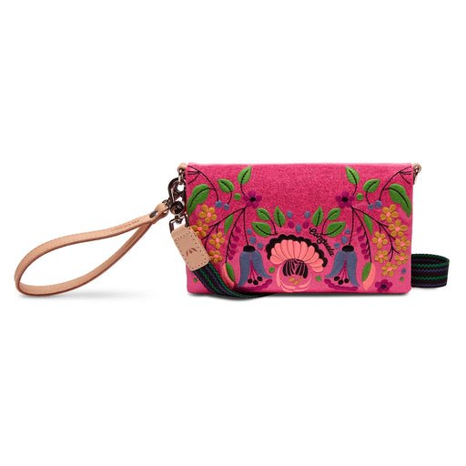 Pink wristlet with floral and butterfly design on a white background