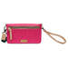 Pink wristlet with a strap on a white background