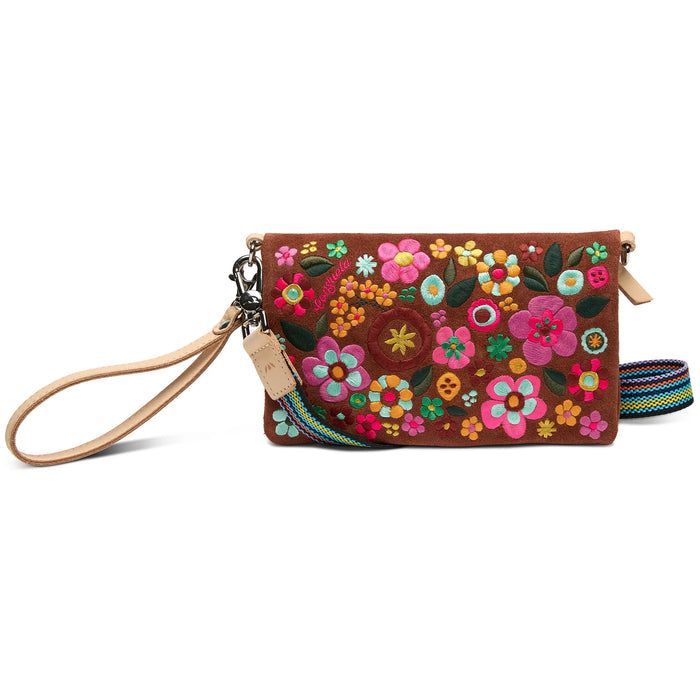 Brown clutch with colorful floral embroidery on a white background