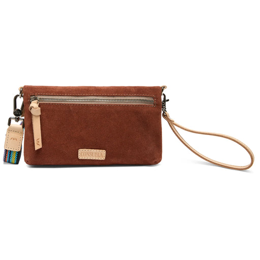 Brown wristlet with a strap on a white background
