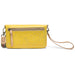 Yellow clutch bag with a strap on a white background