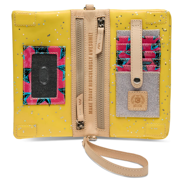 Yellow wallet with colorful patterns and text on a white background