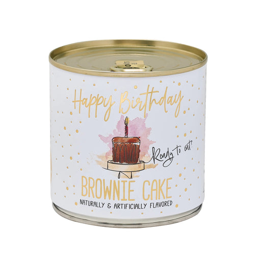 Candle in a can with 'Happy Birthday Brownie Cake' text and graphics on a white background