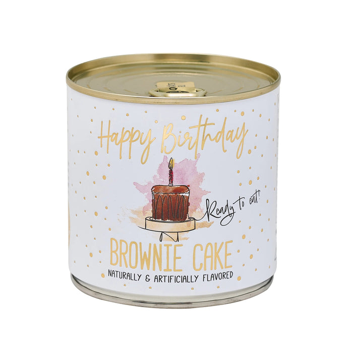 Candle in a can with 'Happy Birthday Brownie Cake' text and graphics on a white background