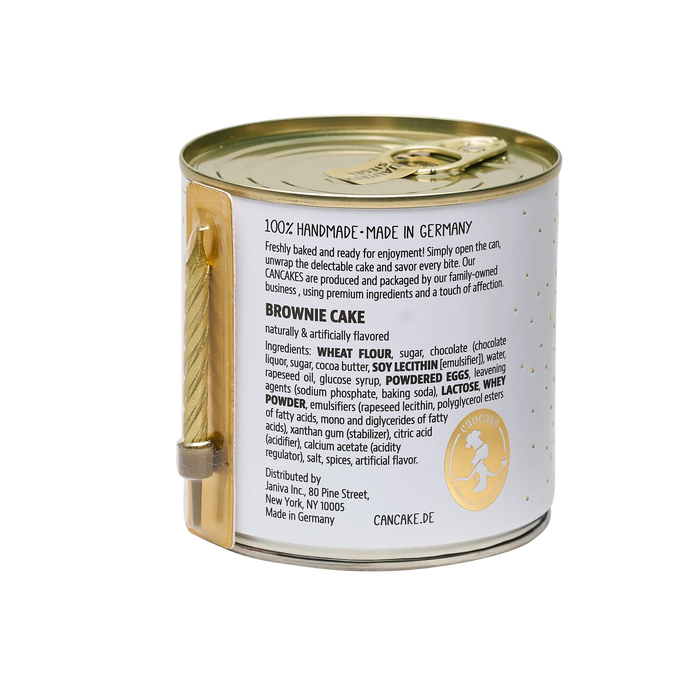 Can of brownie mix with label on a white background