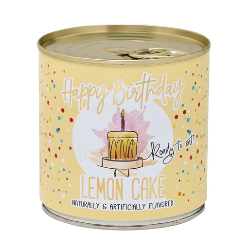 Candle in a can with lemon cake design and 'Happy Birthday' text on a white background