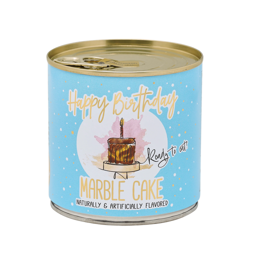 Can of marble cake with 'Happy Birthday' text and illustration on a white background