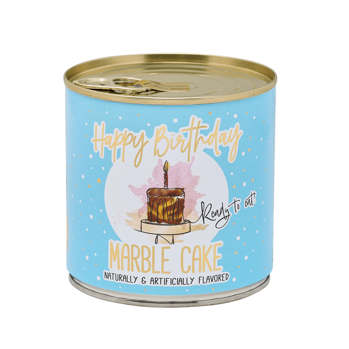 Can of marble cake with 'Happy Birthday' text and illustration on a white background