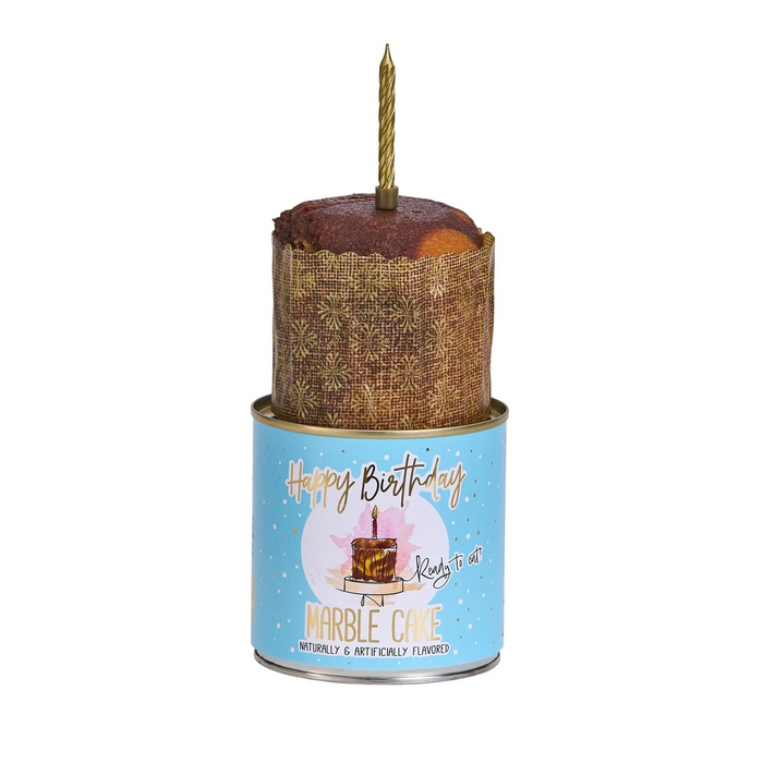 Can of marble cake with 'Happy Birthday' text and illustration on a white background