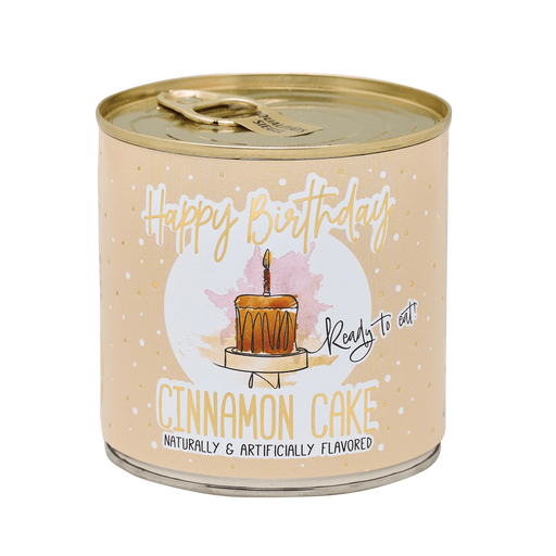 Canned food with a birthday cake design and text on a white background