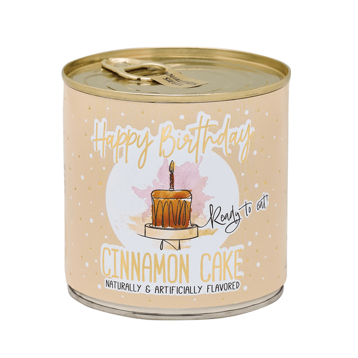 Canned food with a birthday cake design and text on a white background