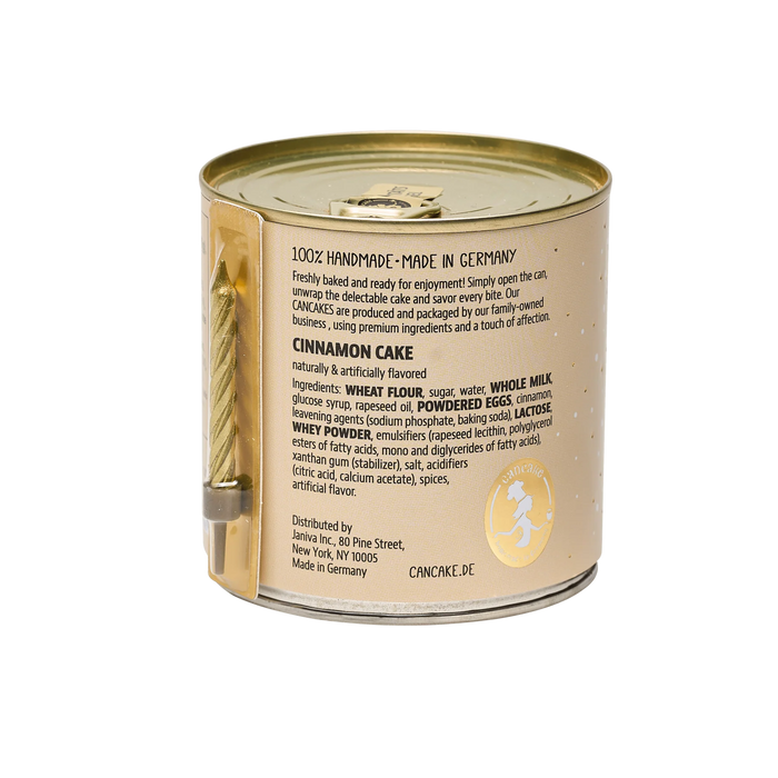 Cinnamon cake mix canister with label on a white background