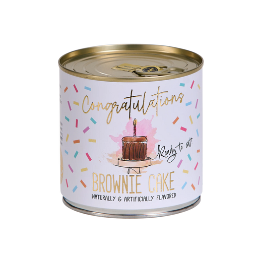 Can of brownie cake with celebratory design on a white background