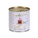 Can of brownie cake with celebratory design on a white background