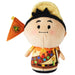 Plush toy resembling a character with a colorful outfit and hat on a white background