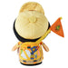 Plush toy with a yellow hat and backpack on a white background
