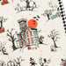 A close-up of a Halloween-themed fabric or wallpaper pattern featuring a haunted house, ghosts, pumpkins, bats, and a large orange full moon on an off-white background.