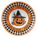 A round Halloween-themed ceramic bowl featuring a black and white checkered border, an orange rim with the words 'TRICK OR TREAT' repeated, and a central jack-o'-lantern wearing a black witch hat.