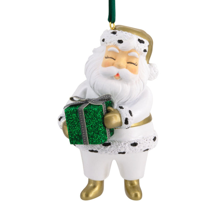 Decorative ornament of a Santa Claus holding a green gift box on a white background