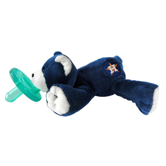 Navy blue plush toy with a pacifier on a white background