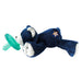 Navy blue plush toy with a pacifier on a white background