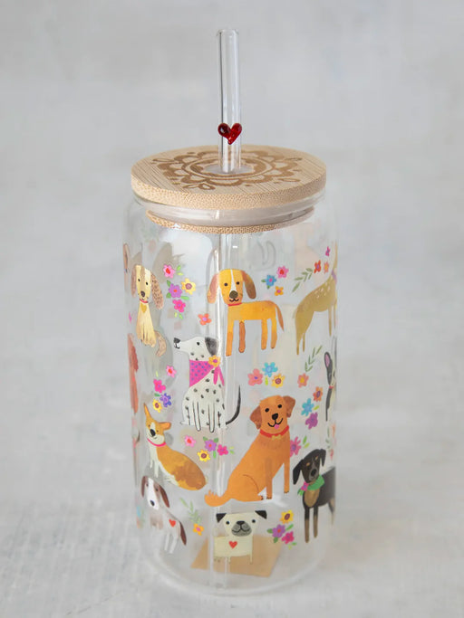 Dog Glass Tumbler With Lid & Straw