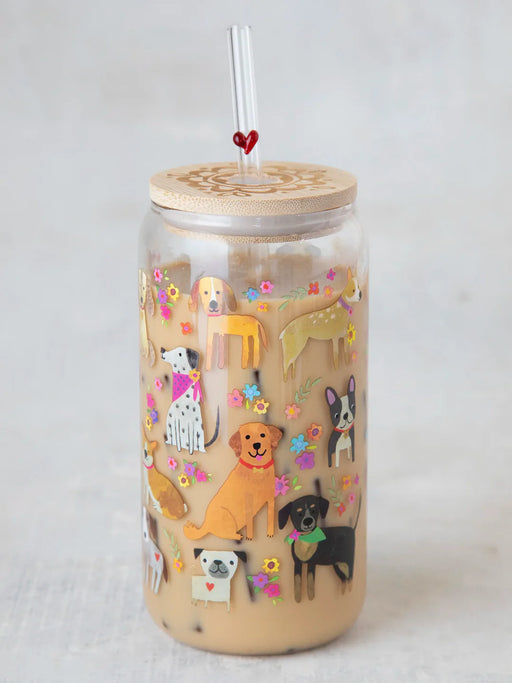 Dog Glass Tumbler With Lid & Straw