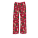 Red pajama pants with Christmas-themed pattern on a white background