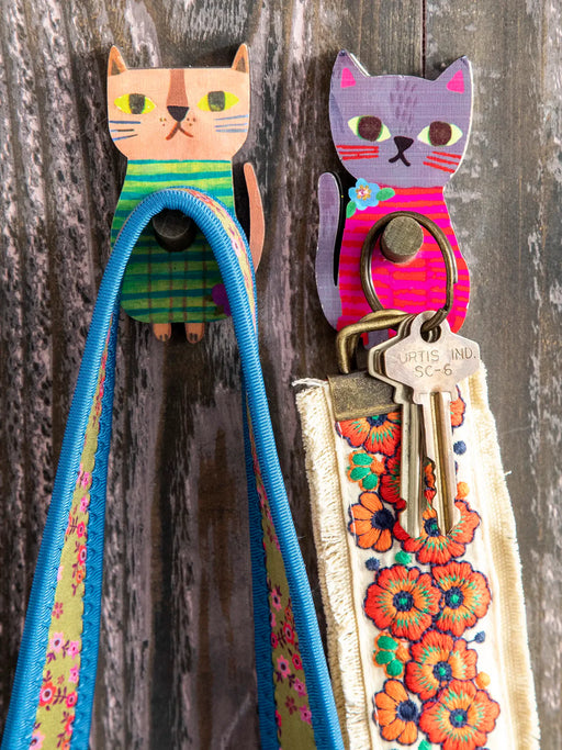 Cat Adhesive Wooden Wall Hooks, Set of 2