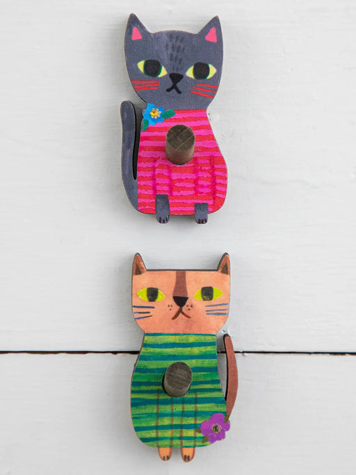 Cat Adhesive Wooden Wall Hooks, Set of 2