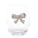 A clear stemless wine glass with a decorative silver bow embellished with sparkling clear rhinestones, shown against a solid white background.
