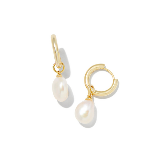 Kendra Scott Willa Gold Pearl Huggie Earrings in White Pearl