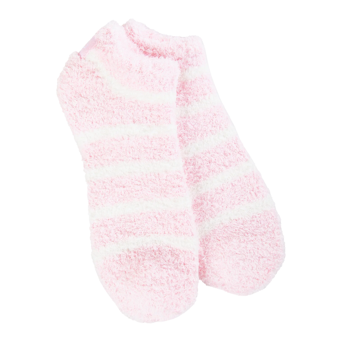 Pair of pink and white fuzzy socks on a white background