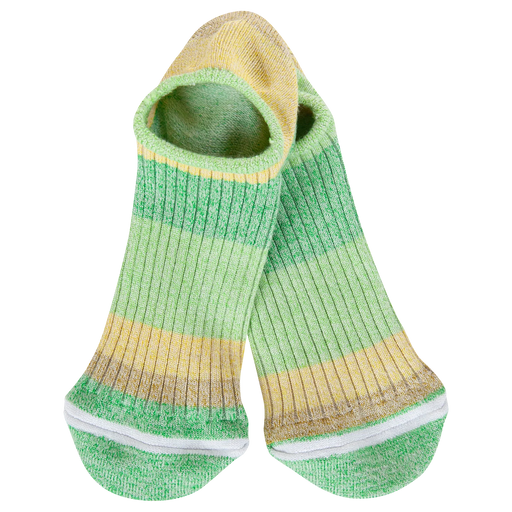 Green and yellow striped socks on a white background