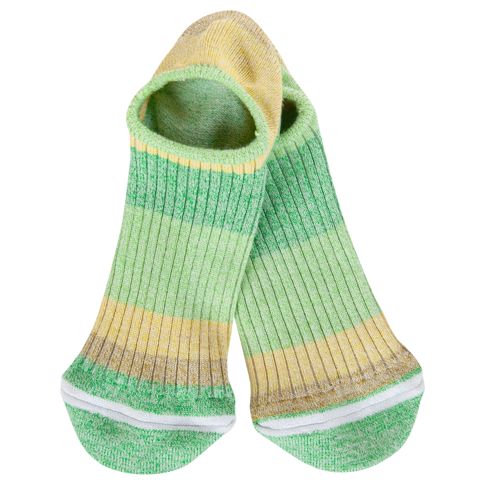 Green and yellow striped socks on a white background