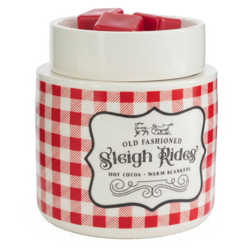 A ceramic jar candle warmer with a red and white gingham patterned body, a white lid, and red wax cubes visible inside. The front label reads 'Old Fashioned Sleigh Rides Hot Cocoa Warm Blankets'.