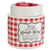 A ceramic jar candle warmer with a red and white gingham patterned body, a white lid, and red wax cubes visible inside. The front label reads 'Old Fashioned Sleigh Rides Hot Cocoa Warm Blankets'.