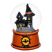 Halloween-themed snow globe with haunted house design on a white background