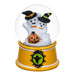 Halloween-themed snow globe with ghosts, a pumpkin, and witch hats on a white background.