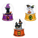 Three Halloween-themed snow globes on a white background