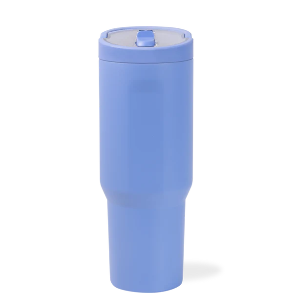 Blue tumbler with a white interior on a white background