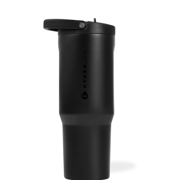 Black travel mug with a brand logo on a white background