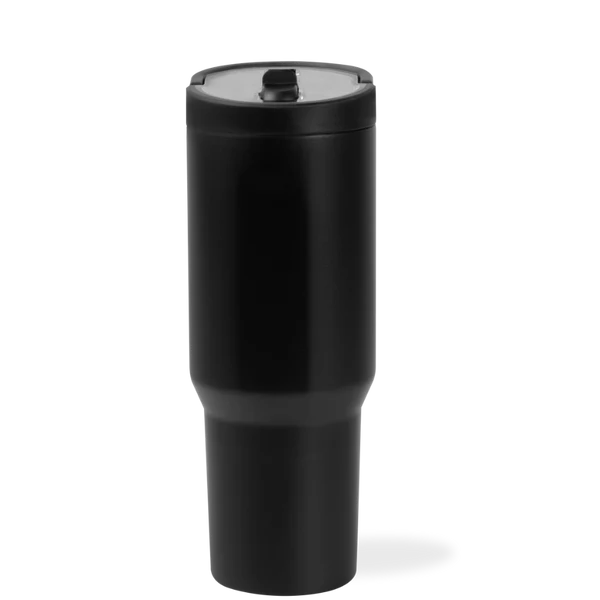Black insulated tumbler with a lid on a white background