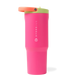 Pink tumbler with a green lid on a white background