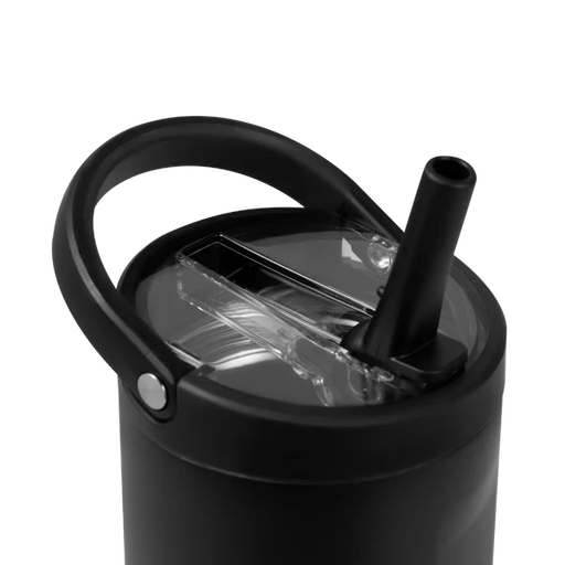 Black tumbler with handle and straw on a white background