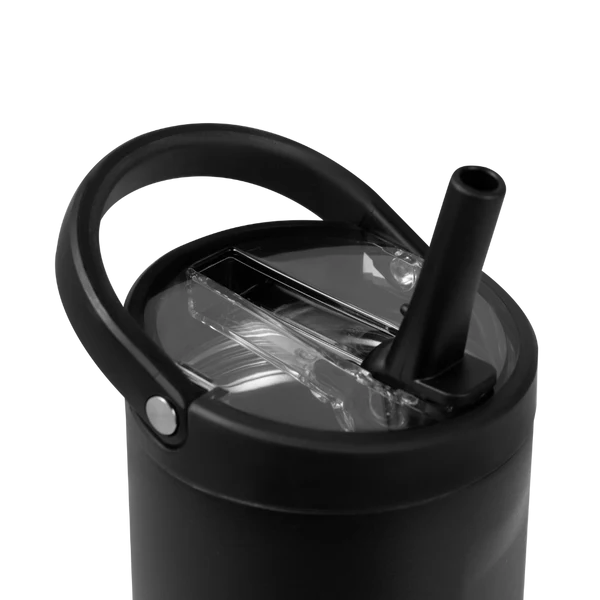 Black tumbler with handle and straw on a white background