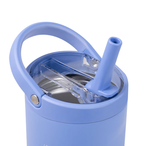 Blue tumbler with handle and straw on a white background