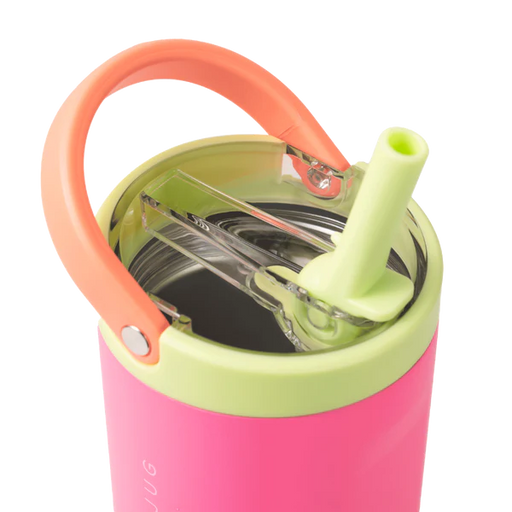 Pink and green tumbler with an orange handle and straw on a white background